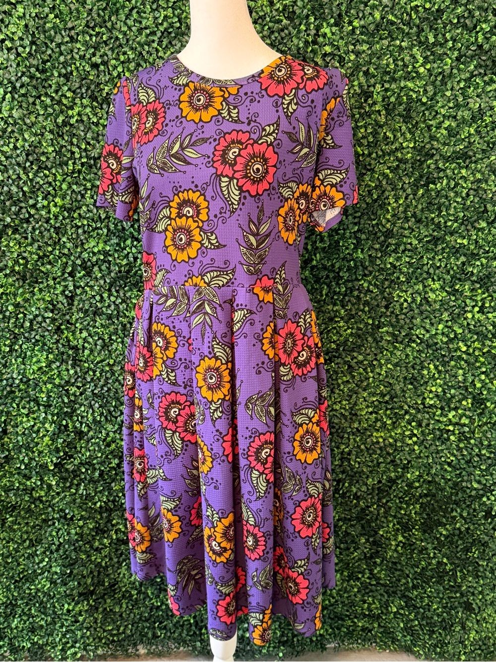 LuLaRoe Purple Dress with Pink and Yellow Floral Design